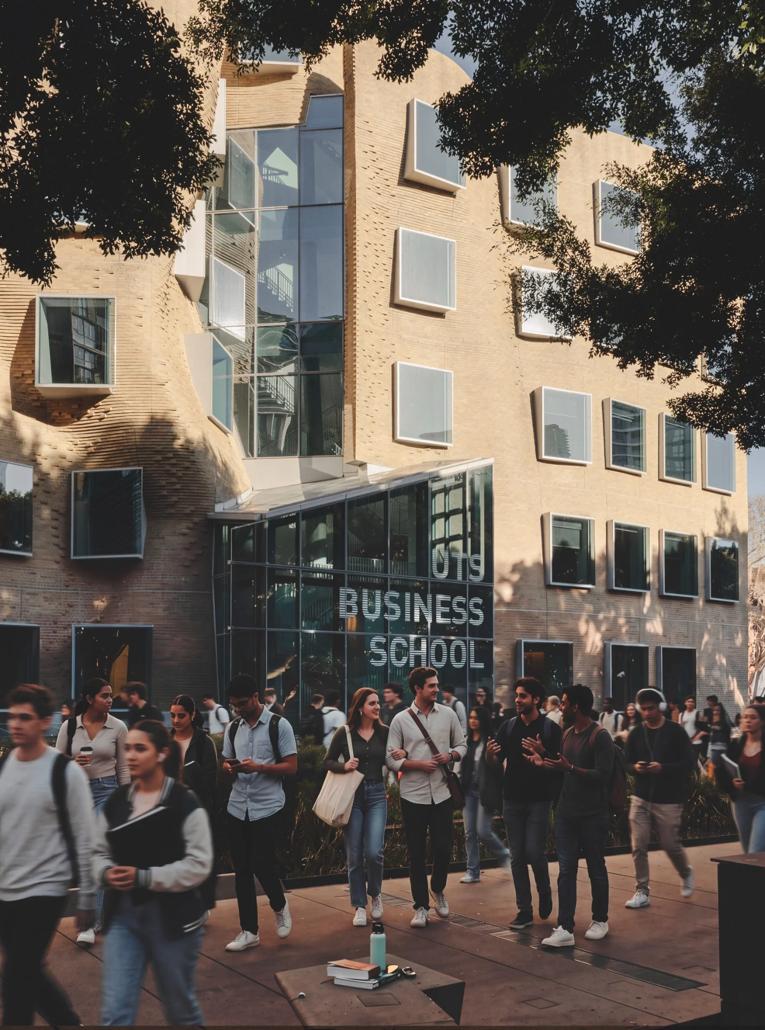 A closer view of the sculpted brick facade of the UTS business building